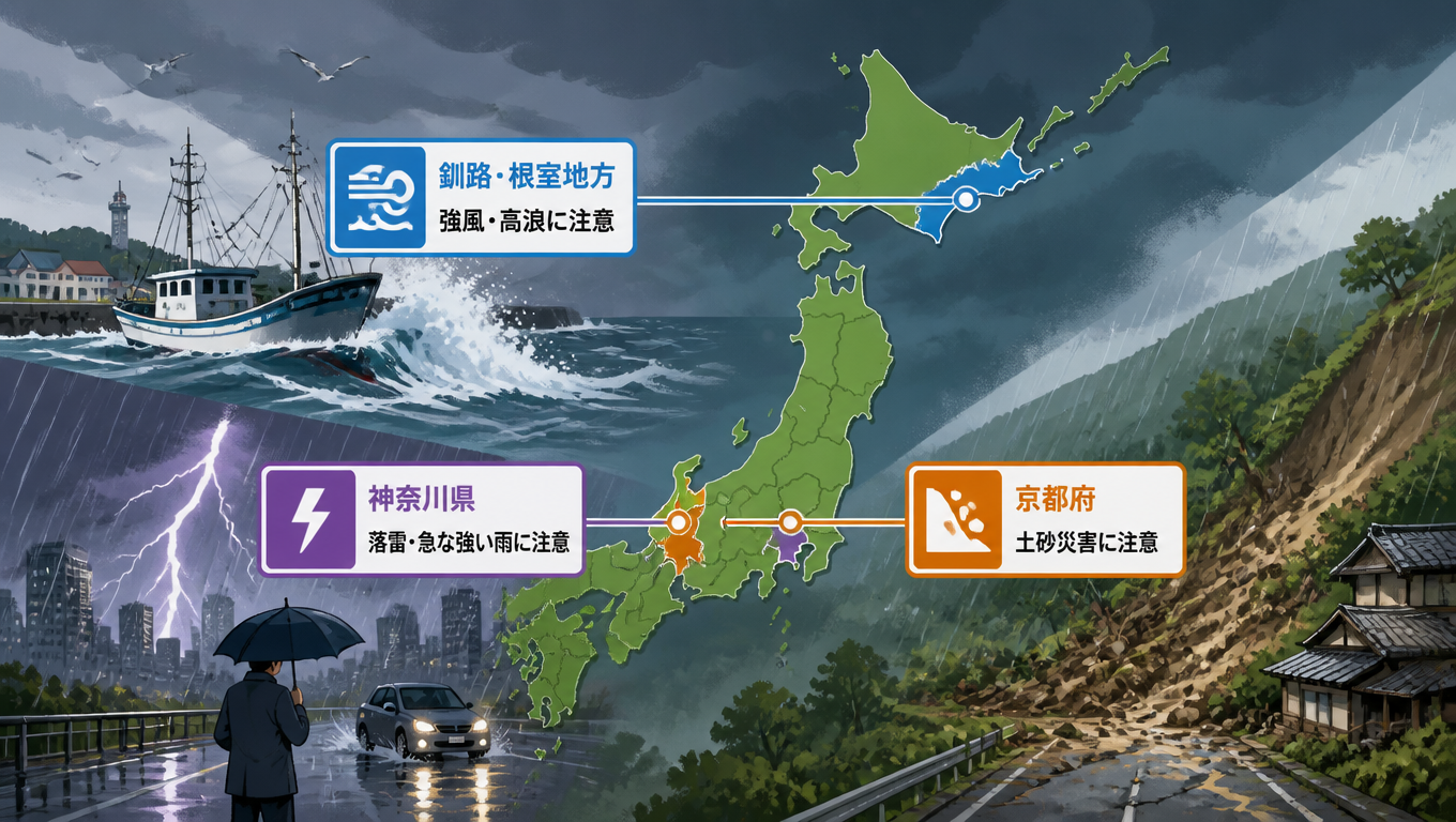 日本多地發布氣象警報:釧路根室強風高浪、神奈川落雷急雨、京都土石災害