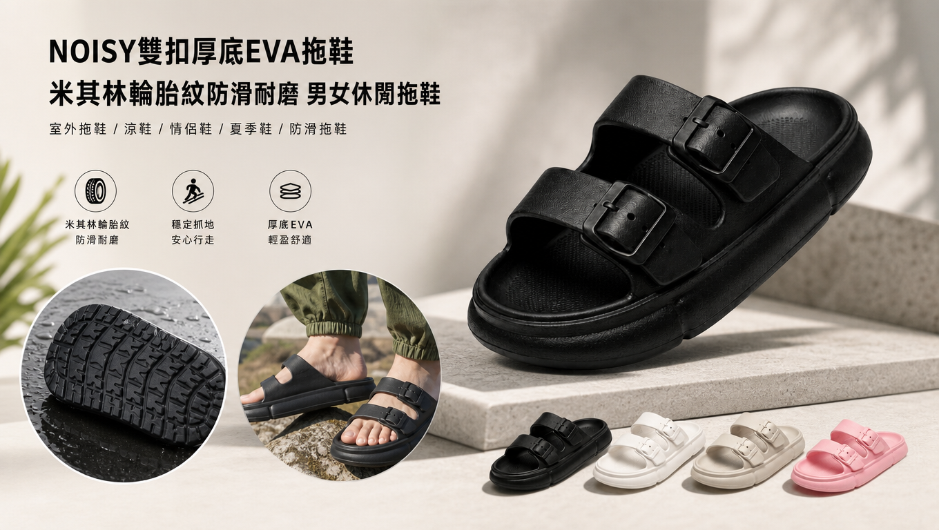 NOISY雙扣厚底EVA拖鞋上市 主打米其林輪胎紋防滑耐磨