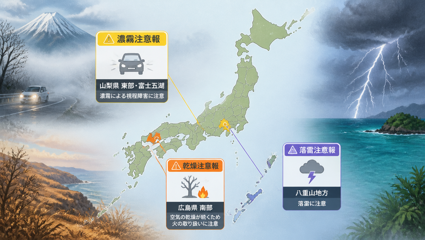 日本多地發布氣象警報與注意報 濃霧、乾燥、落雷需留意
