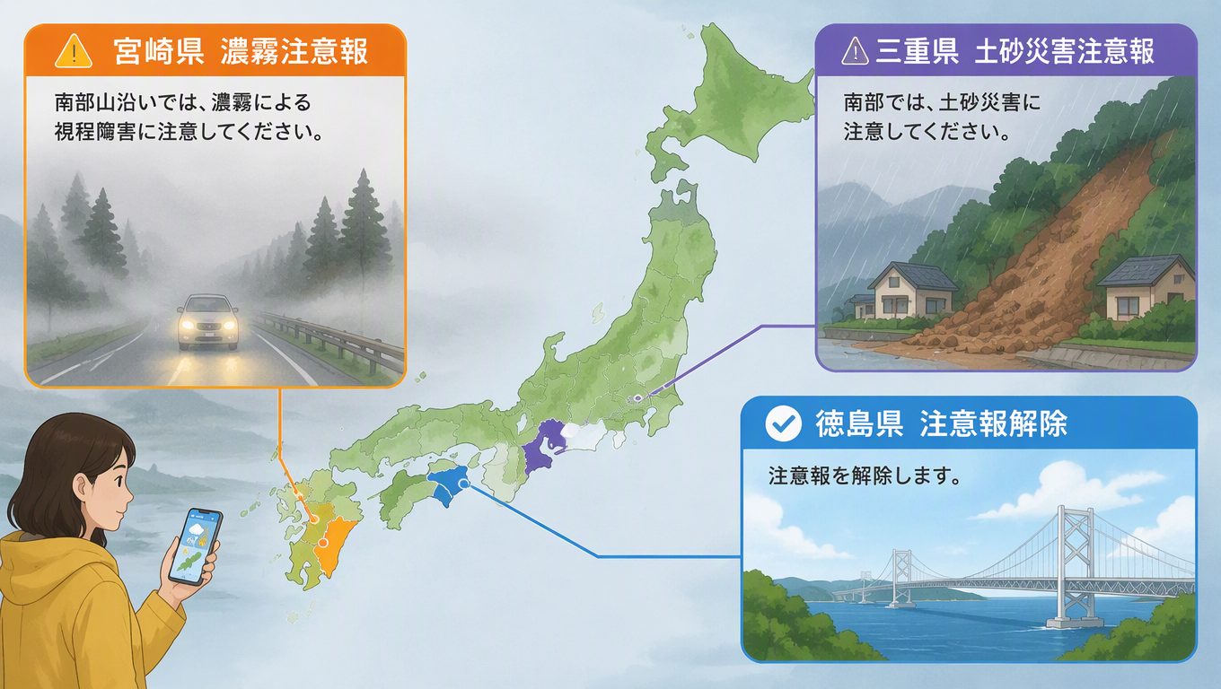 日本多地發布氣象警報與注意報 宮崎縣濃霧、三重縣防土石流 德島縣解除注意報