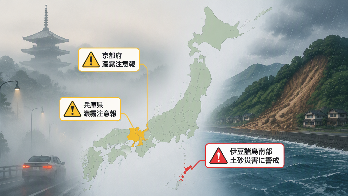 日本多地發布氣象警報 京都、兵庫濃霧，伊豆諸島南部防土砂災害