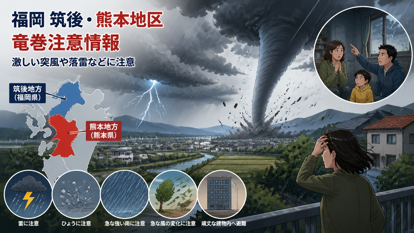 福岡筑後與熊本地區發布龍捲風注意情報 籲民眾留意劇烈天氣變化