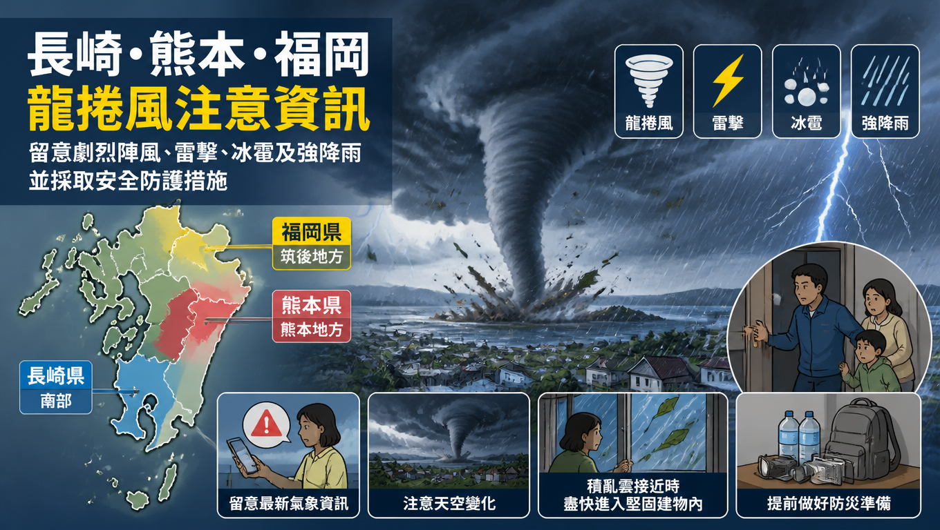 日本長崎、熊本、福岡部分地區發布龍捲風注意資訊