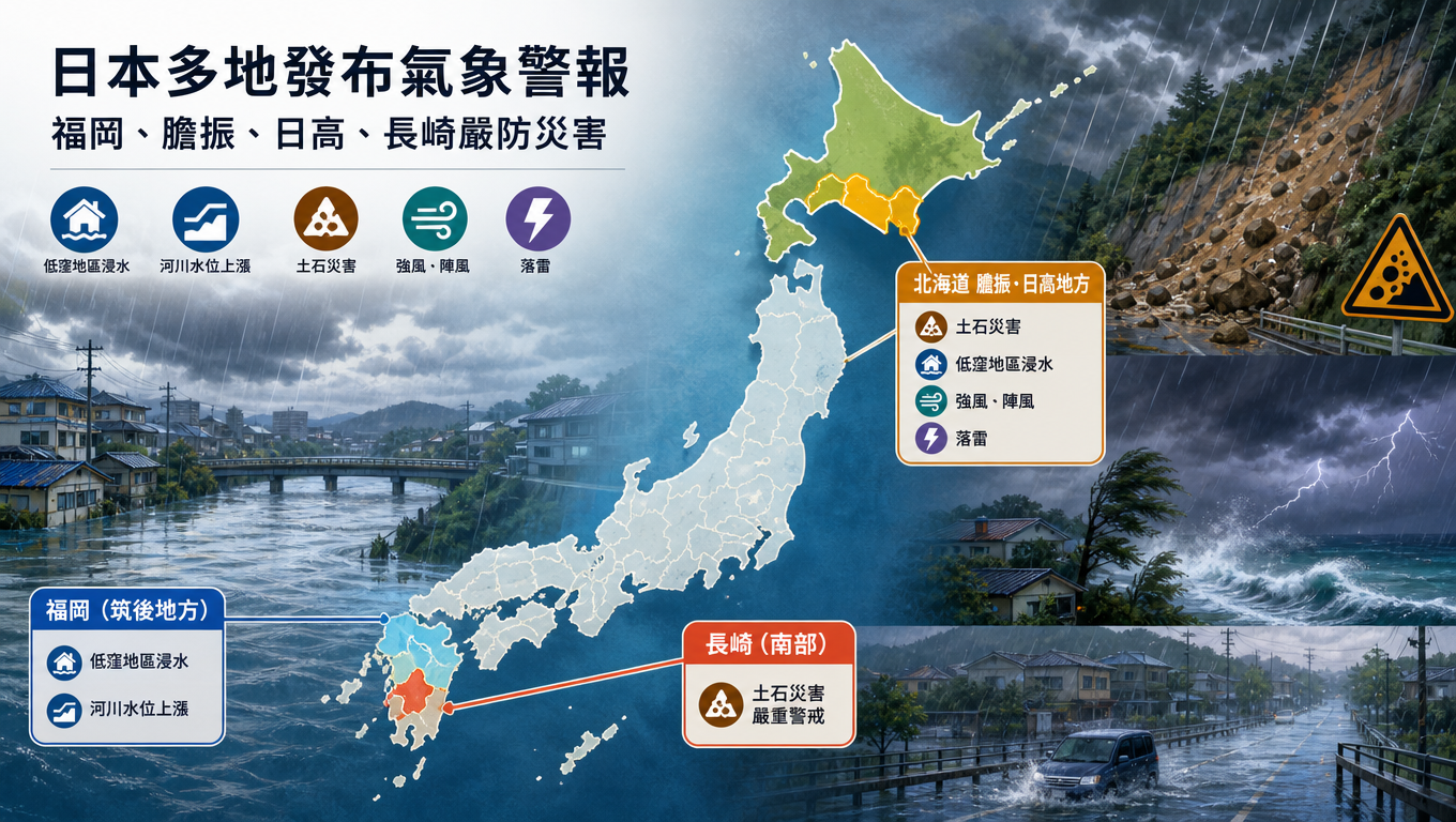 日本多地發布氣象警報：福岡、膽振、日高、長崎嚴防災害
