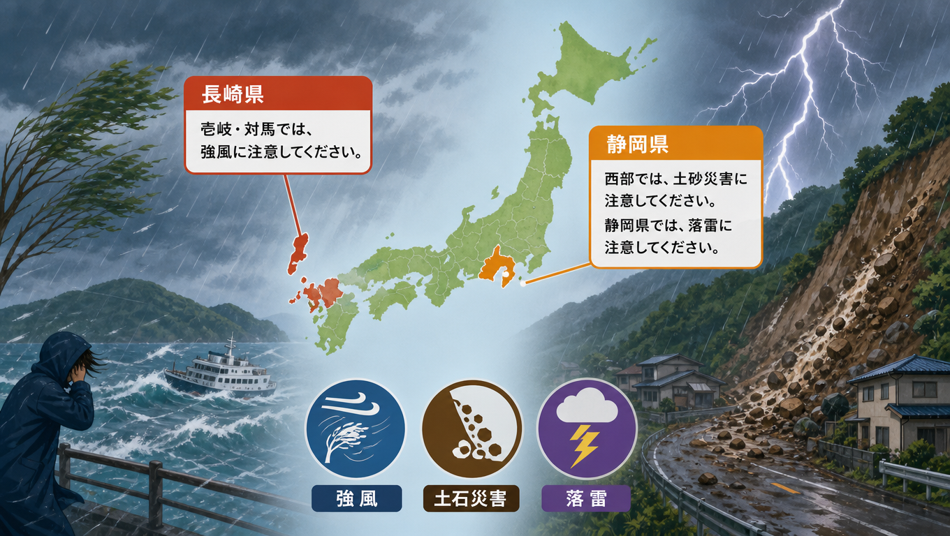 日本長崎與靜岡發布氣象警報 提醒民眾注意強風、土石災害及落雷