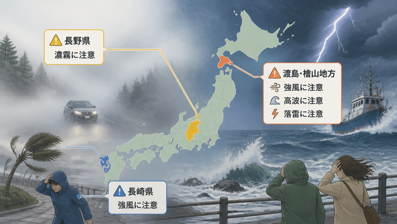 日本多地發布氣象警報：長野濃霧、渡島檜山強風高波、長崎強風