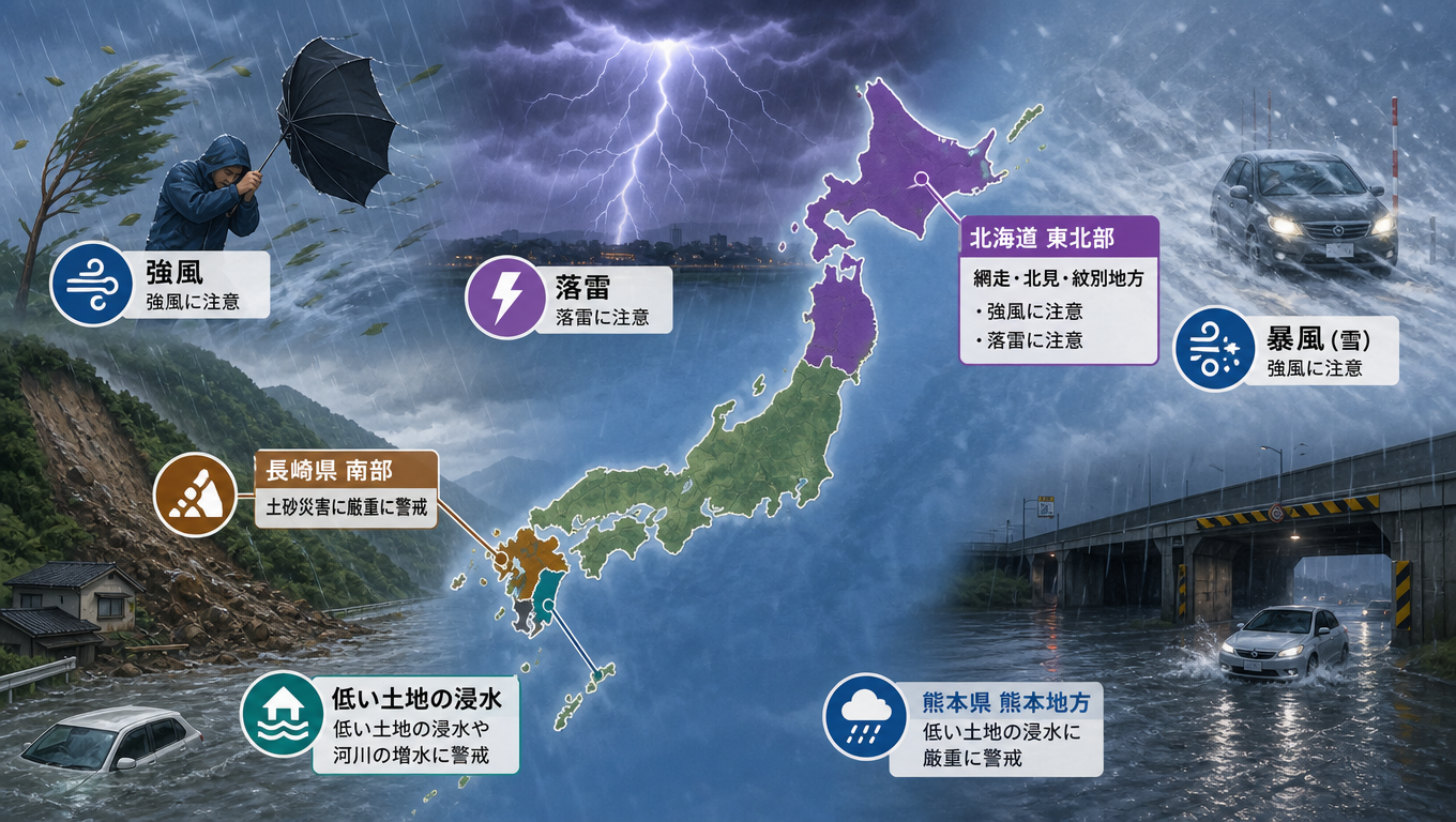 日本多地發布氣象警報 警戒強風、落雷與土砂災害