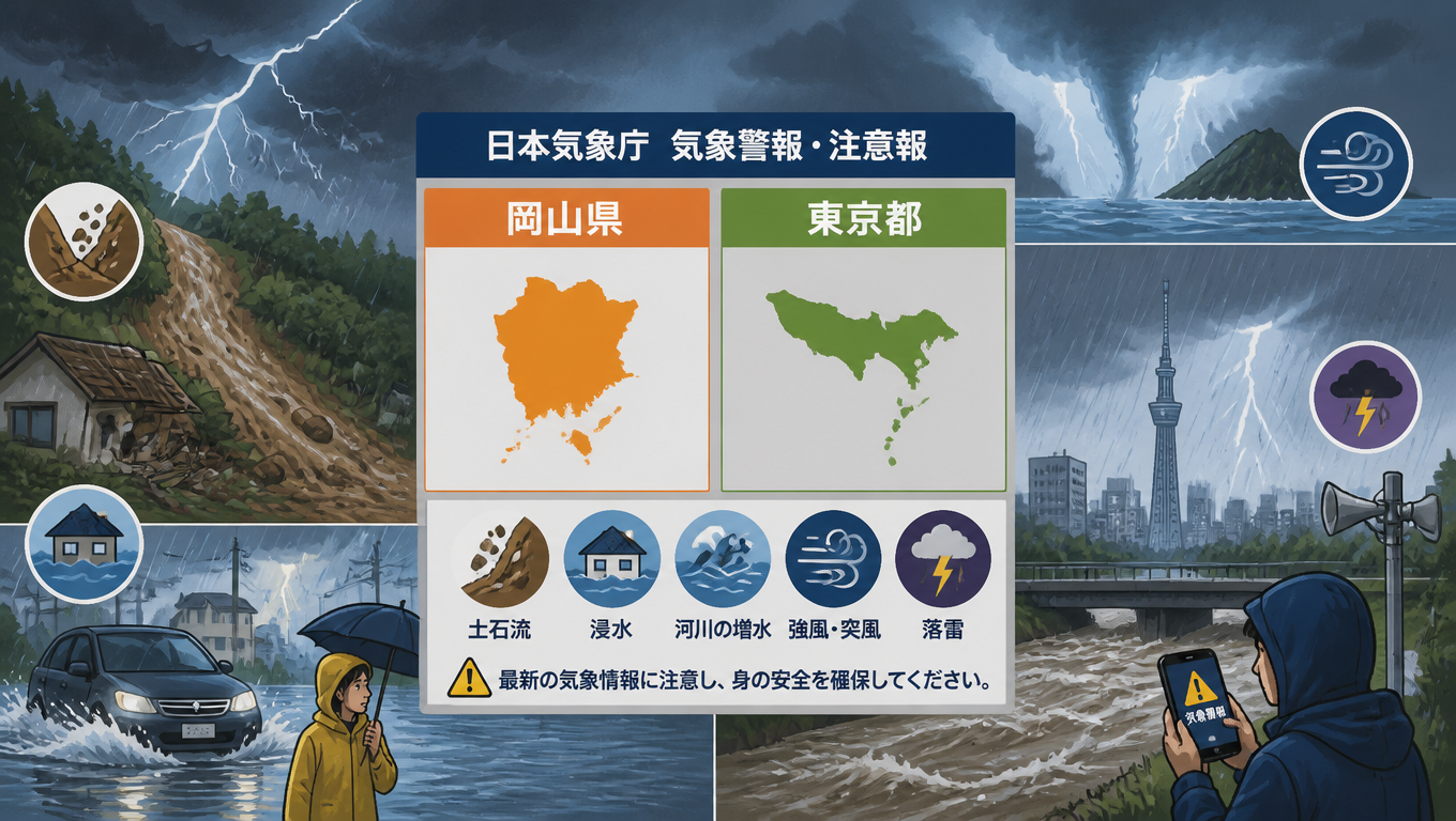 日本氣象廳發布岡山縣與東京都氣象警報 提醒民眾注意土石流、淹水及雷擊