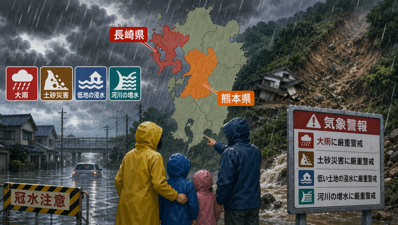 日本熊本、長崎兩縣發布氣象警報 嚴防大雨與土石流災害