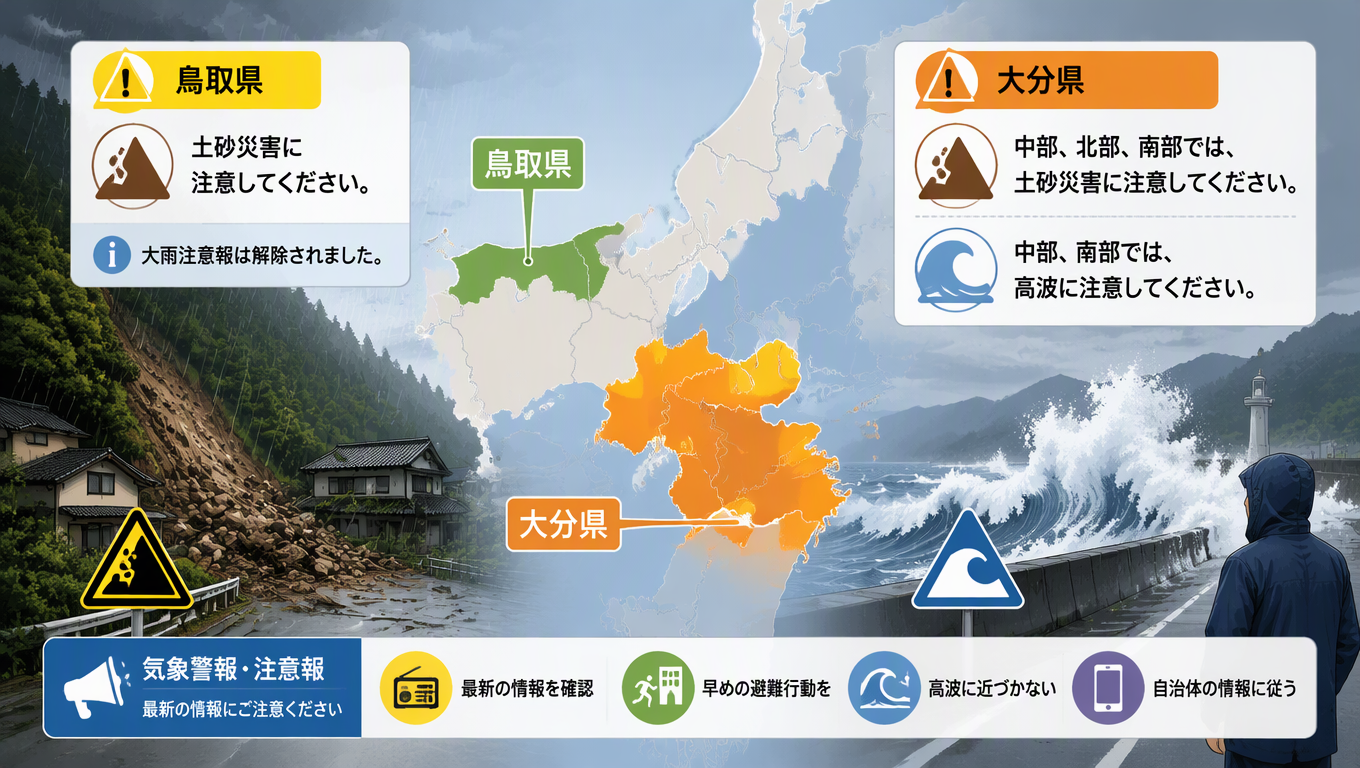日本鳥取與大分縣發布氣象警報與注意報 提醒防範土石災害及高浪