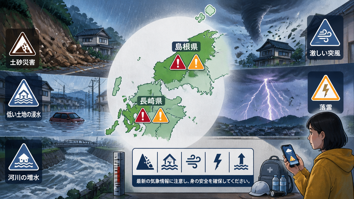 日本氣象廳發布長崎、島根縣氣象警報與注意報