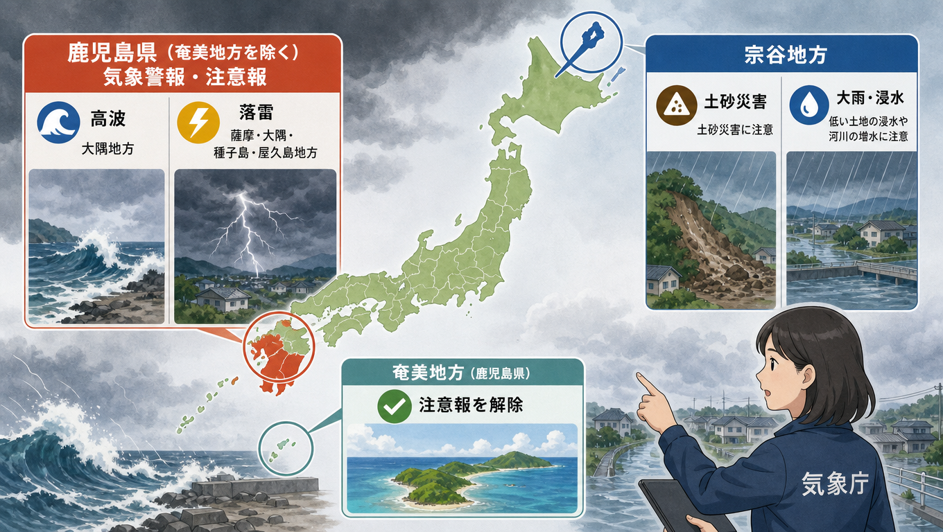 日本氣象廳發布警報與注意報:鹿兒島部分地區與宗谷地方需留意高浪、落雷、土石流及淹水