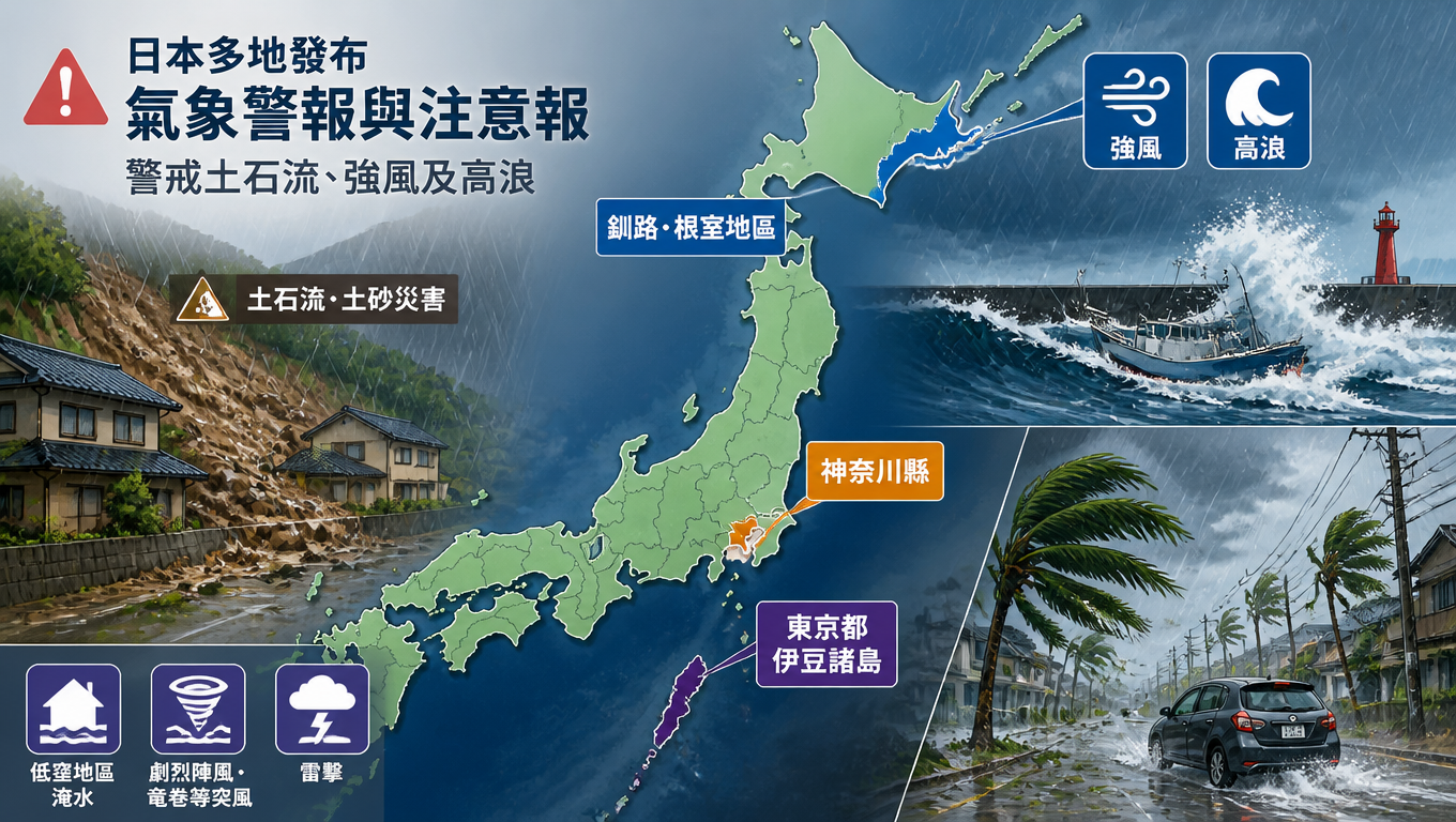 日本多地發布氣象警報與注意報 警戒土石流、強風及高浪