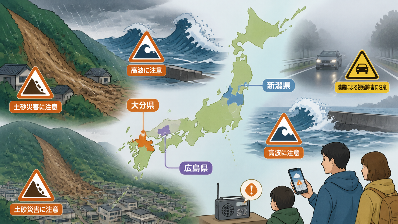 日本多地發布氣象警報與注意報 大分、新潟、廣島縣受影響