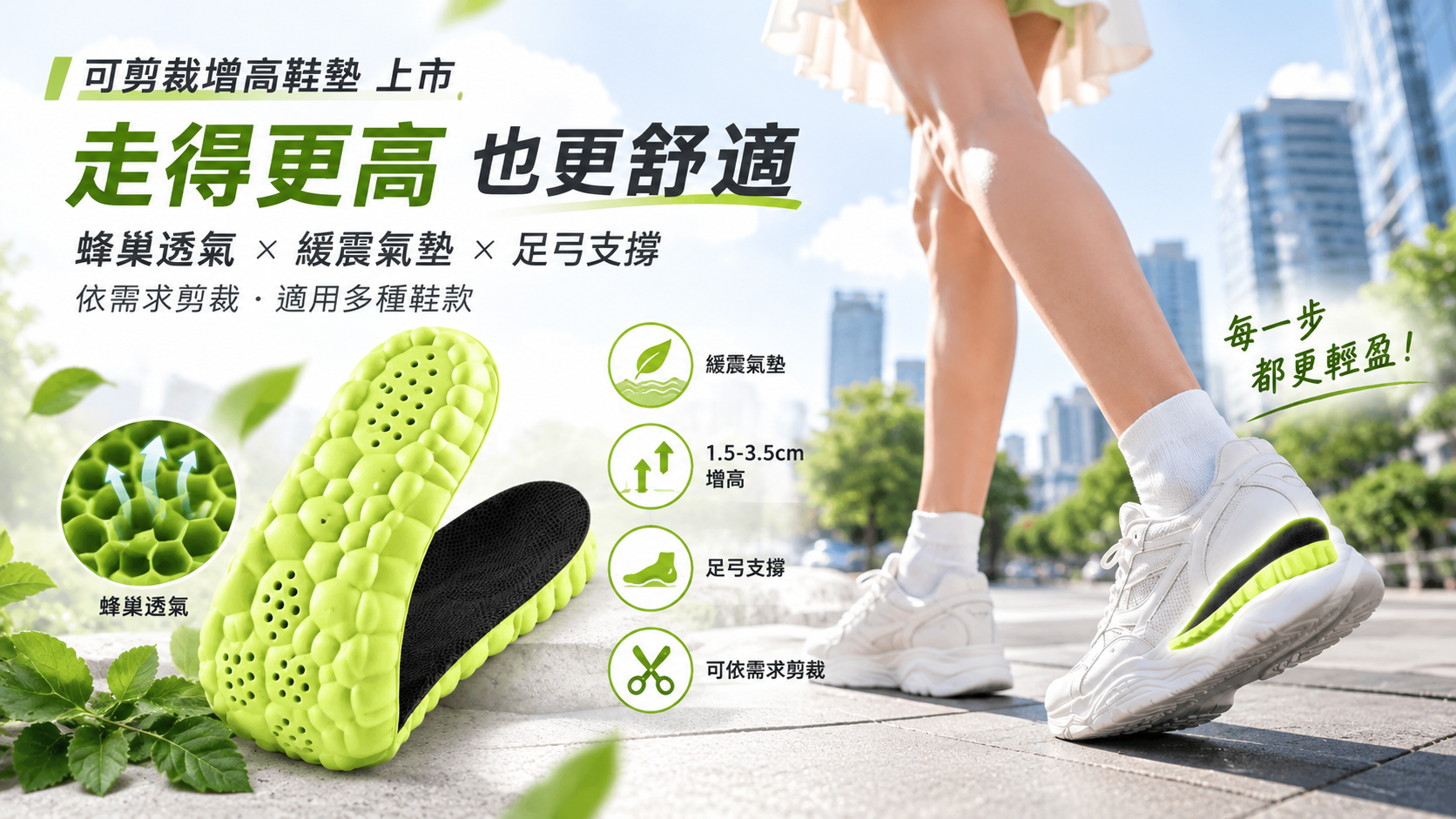 可剪裁增高鞋墊上市 具蜂巢透氣與緩震功能