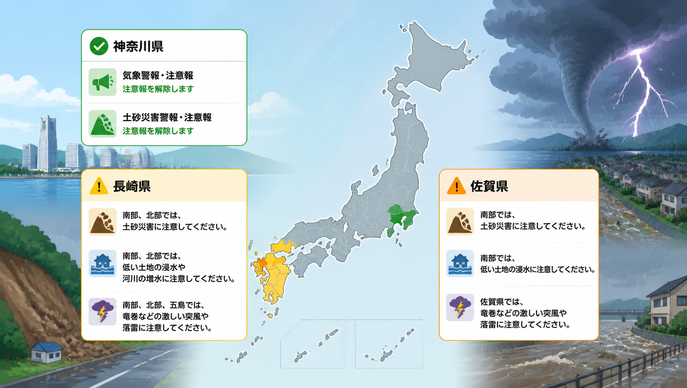 日本多地氣象警報更新：神奈川縣解除，長崎、佐賀仍有警戒