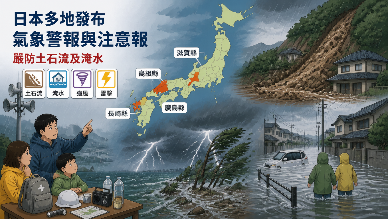 日本多地發布氣象警報與注意報 嚴防土石流及淹水