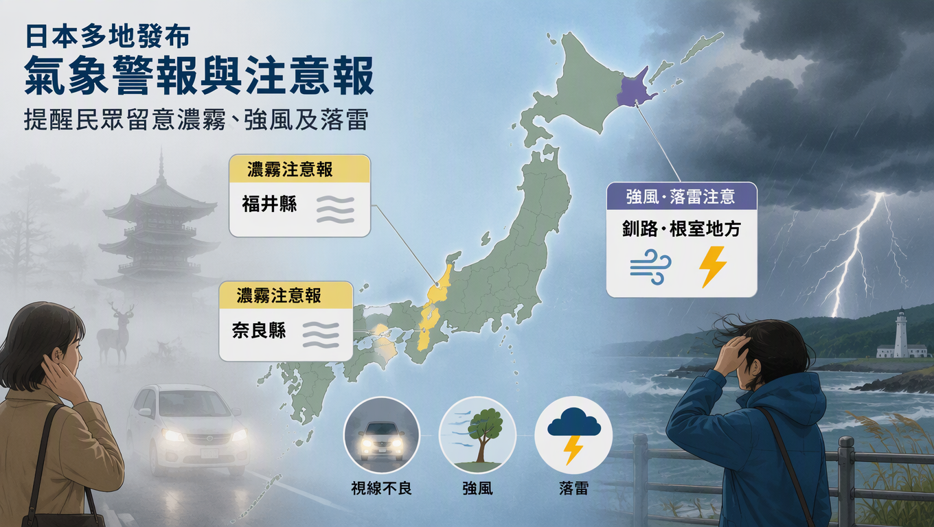 日本多地發布氣象警報與注意報 提醒民眾留意濃霧、強風及落雷