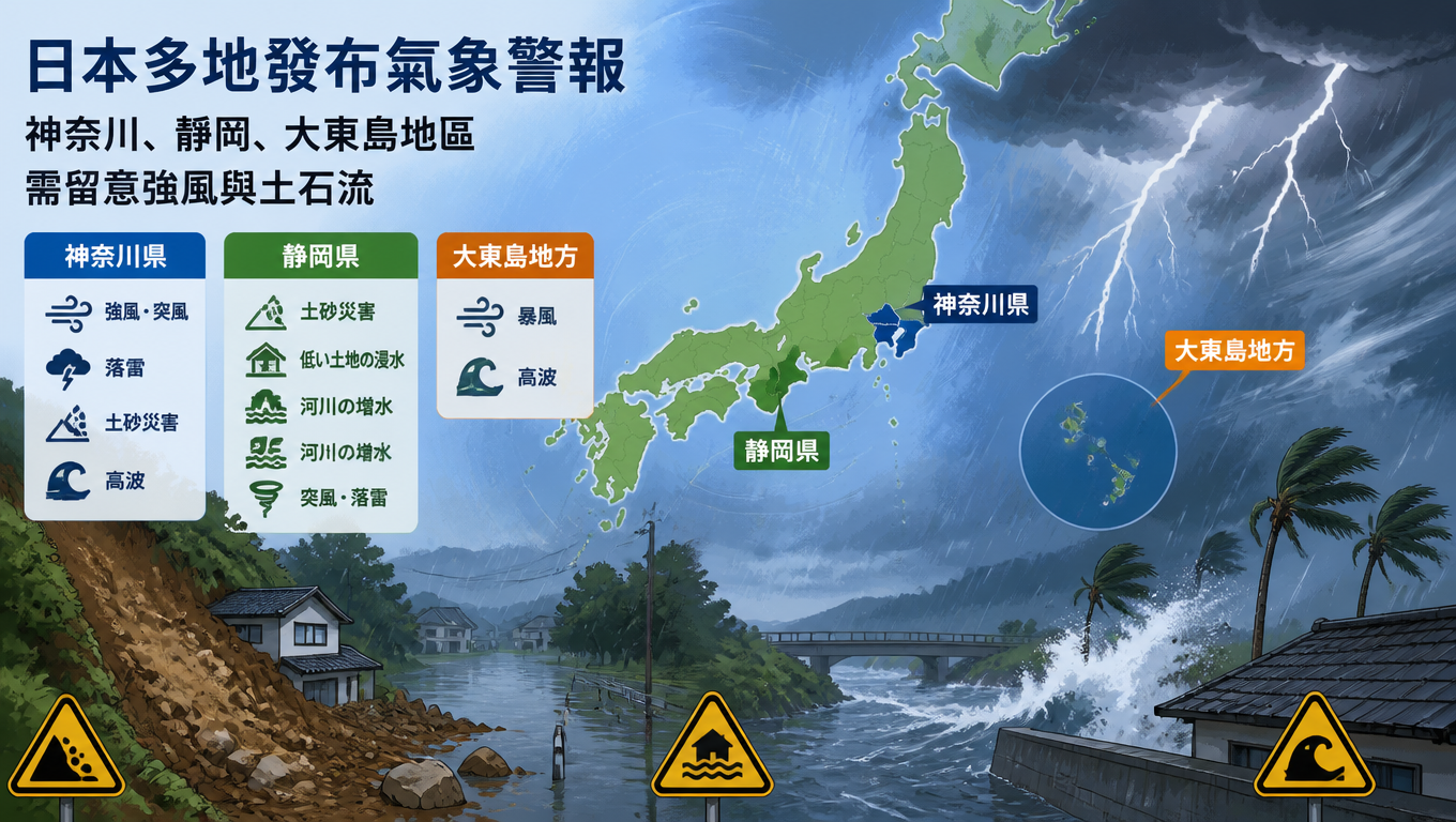 日本多地發布氣象警報 神奈川、靜岡、大東島地區需留意強風與土石流
