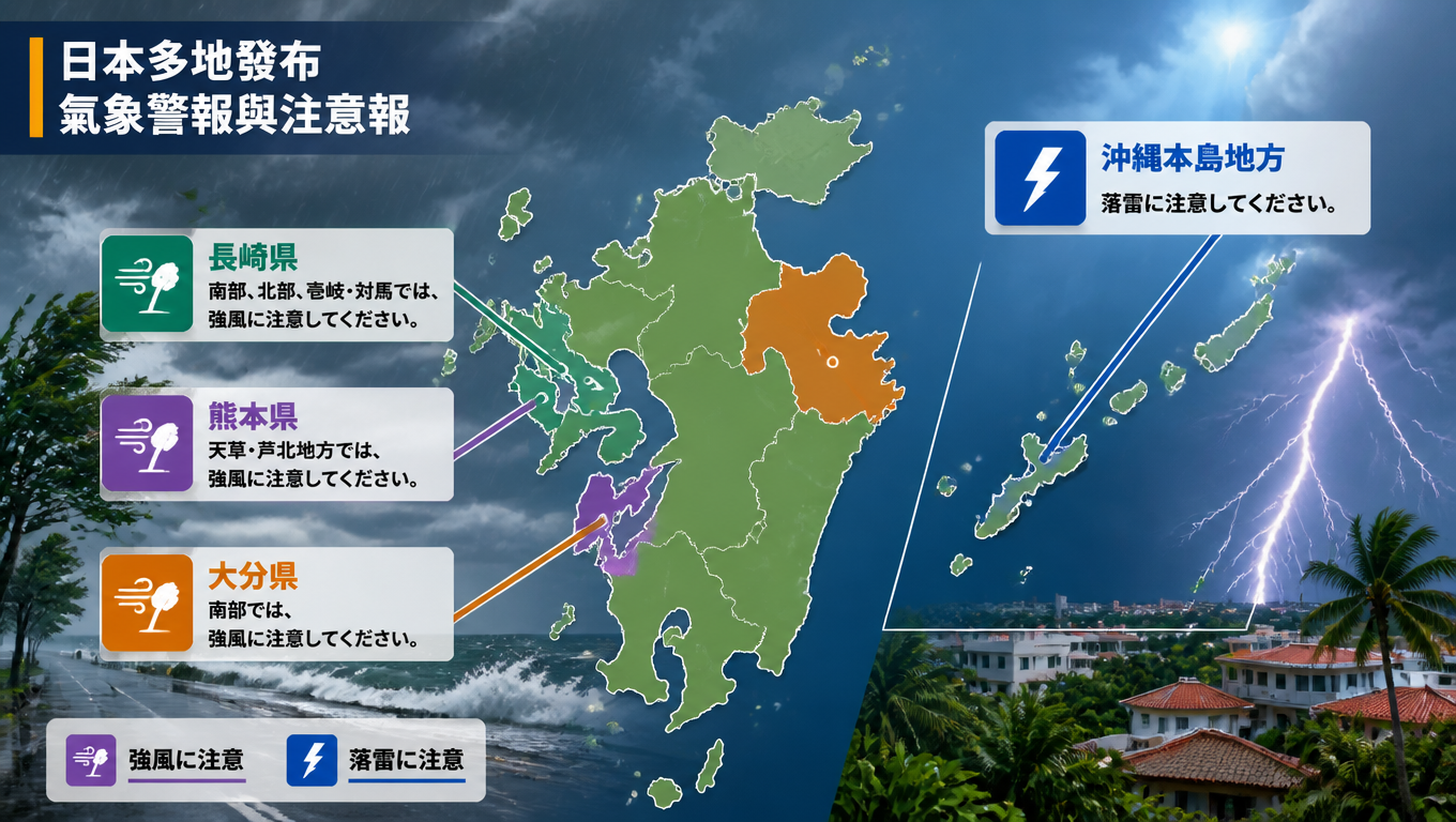 日本多地發布氣象警報與注意報：沖繩本島留意落雷，九州部分地區防強風