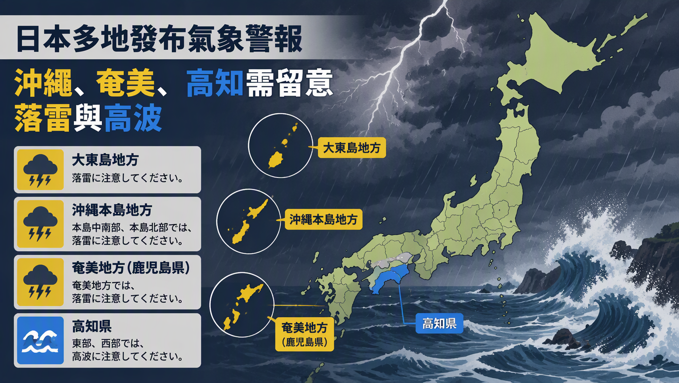 日本多地發布氣象警報 沖繩、奄美、高知需留意落雷與高波