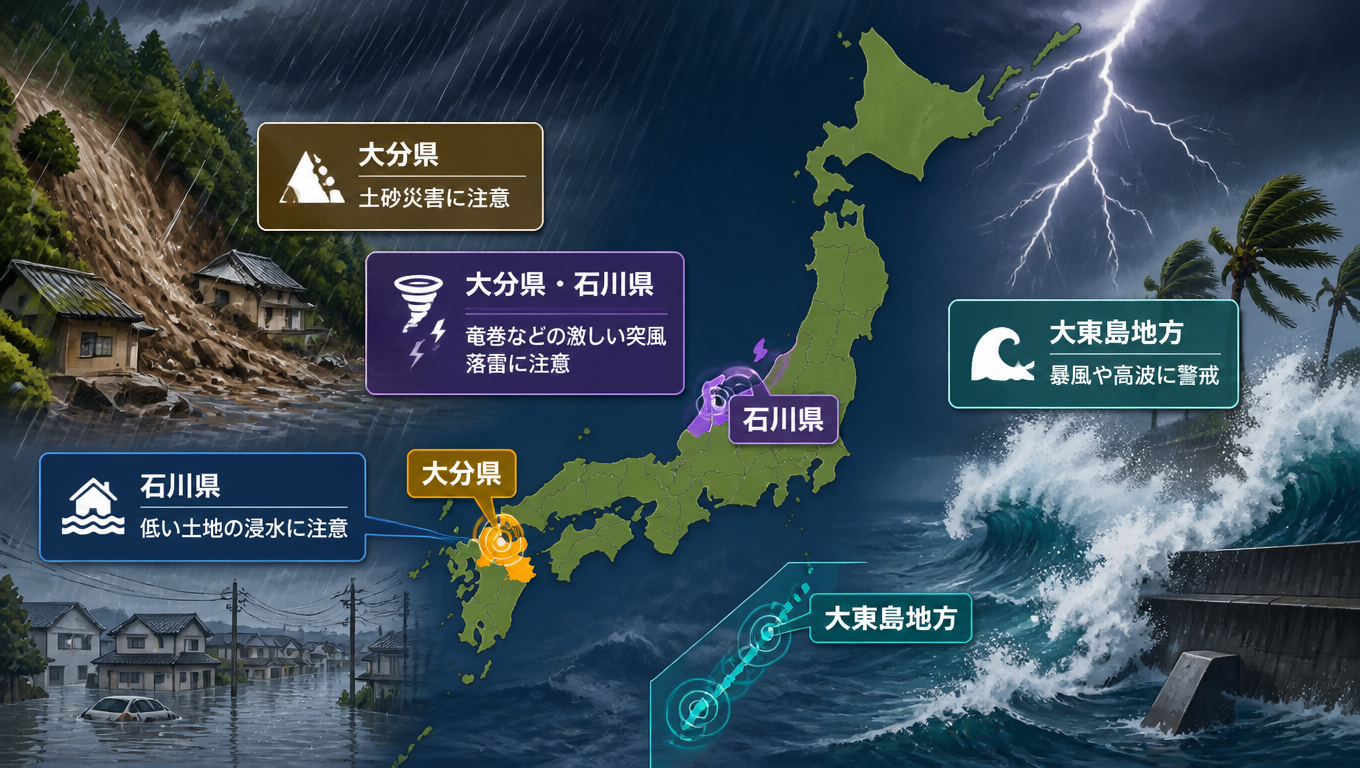 日本多地發布氣象警報 大分、石川、大東島地方受影響