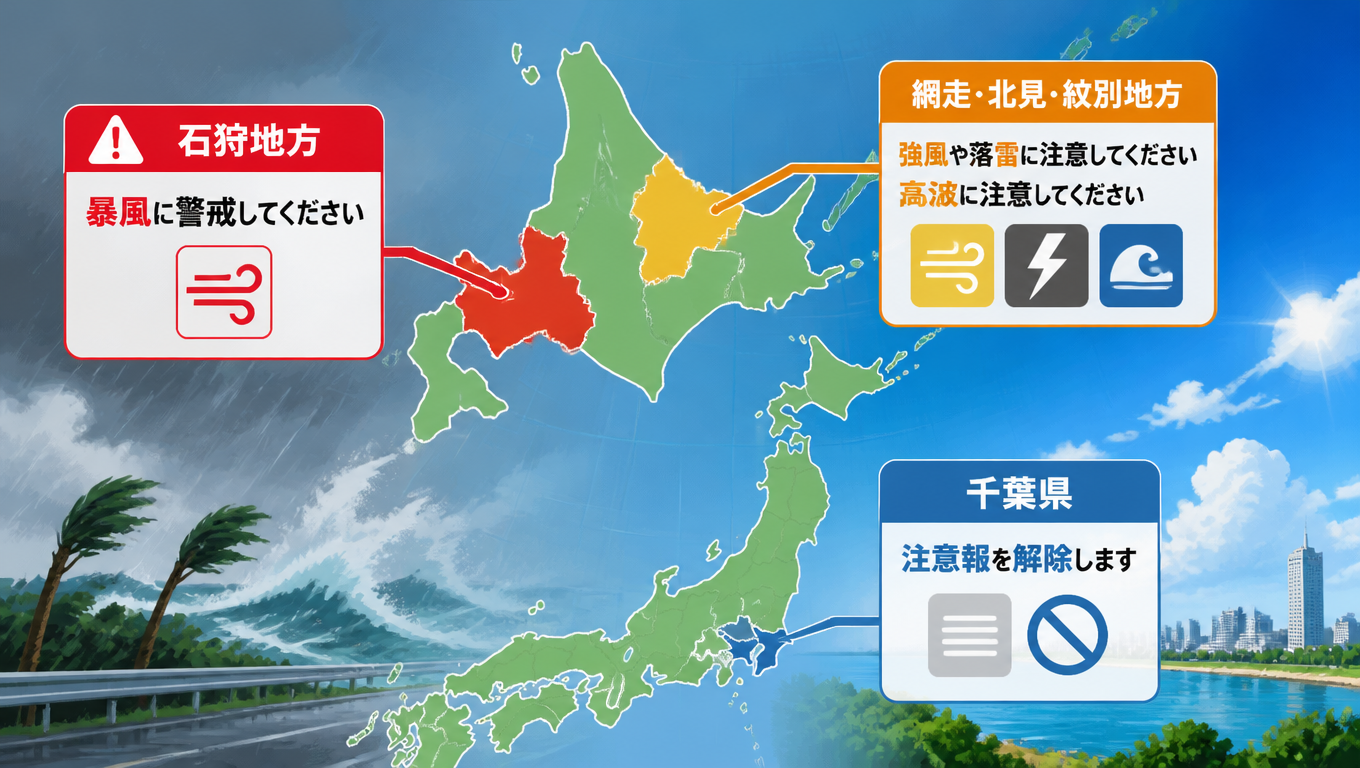 日本多地氣象警報與注意報發布:石狩地區嚴防暴風,千葉縣解除所有注意報