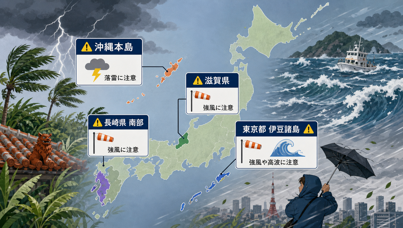 日本多地發布氣象警報 沖繩本島、長崎、滋賀、東京等地需留意強風、落雷與高波