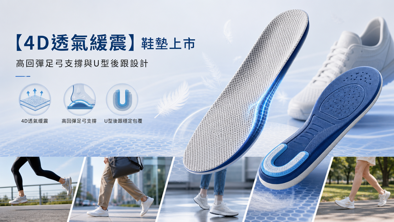 【4D透氣緩震】鞋墊上市:高回彈足弓支撐與U型後跟設計