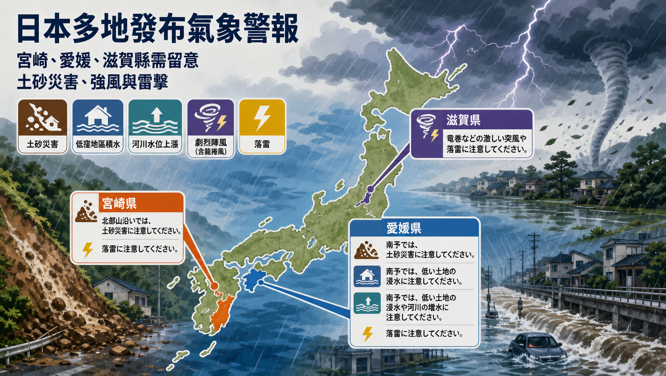 日本多地發布氣象警報 宮崎、愛媛、滋賀縣需留意土砂災害、強風與雷擊