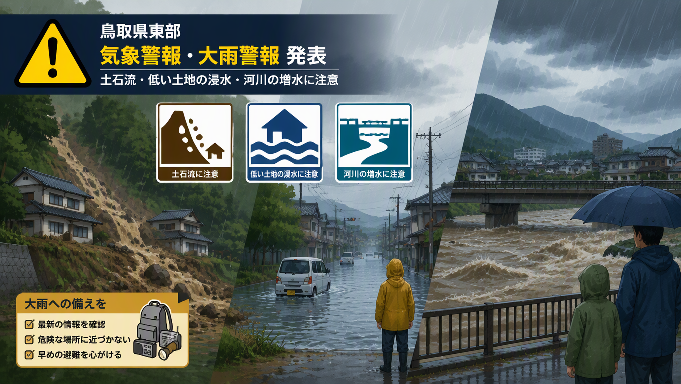 鳥取縣東部發布氣象與大雨警報 提醒民眾注意土石流及積水