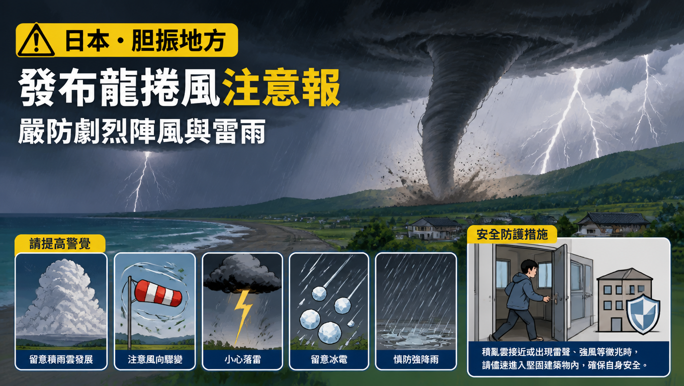 日本膽振地方發布龍捲風注意報 嚴防劇烈陣風與雷雨